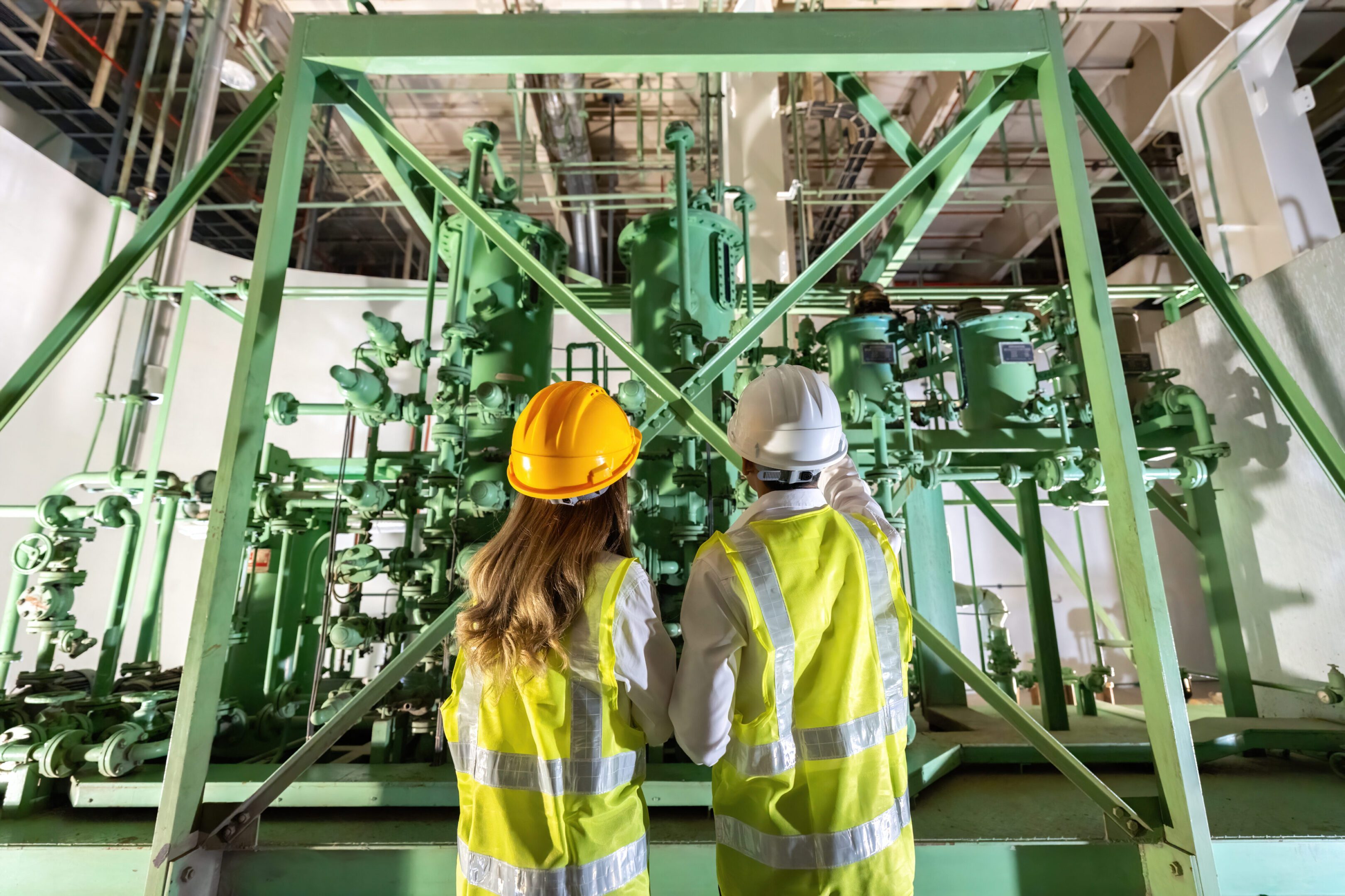 Engineers inspecting industrial machinery in factory.