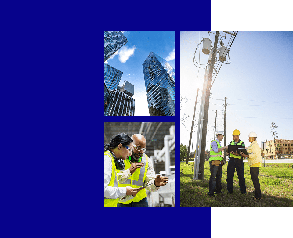 Construction workers and skyscrapers under blue sky.