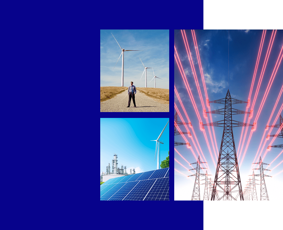 Wind turbines and solar panels with power lines.