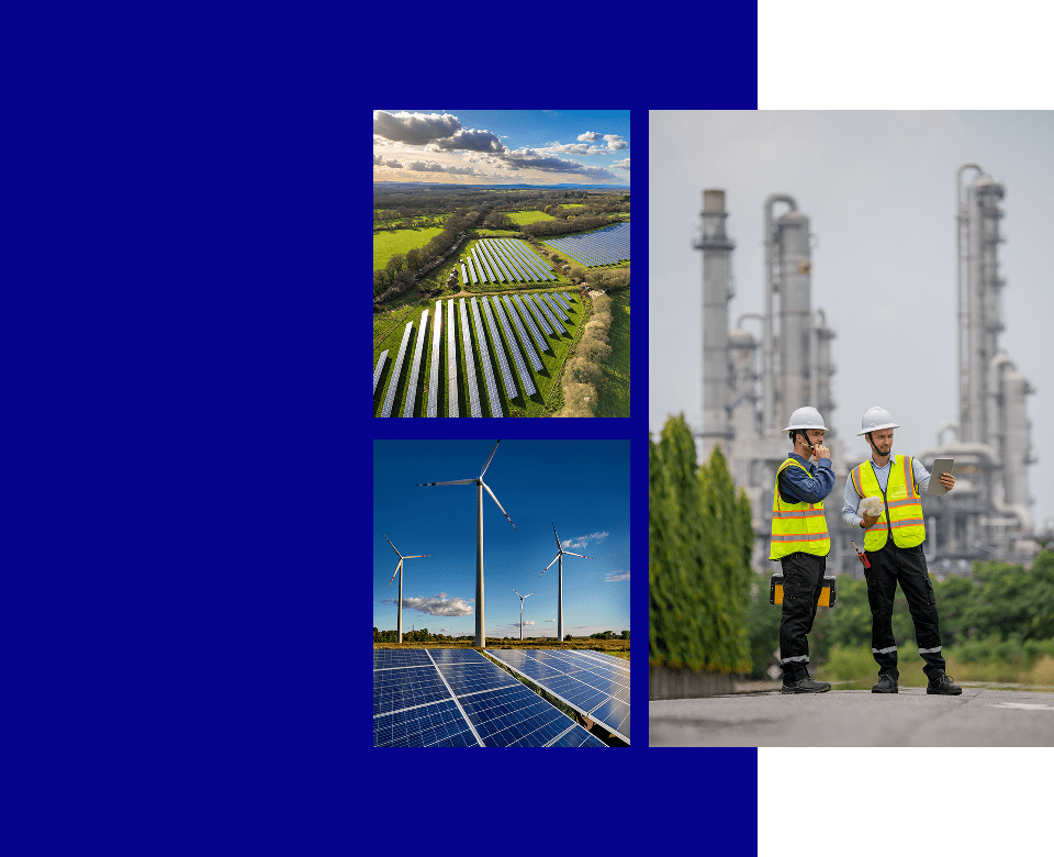 Solar panels, wind turbines, and industrial workers.