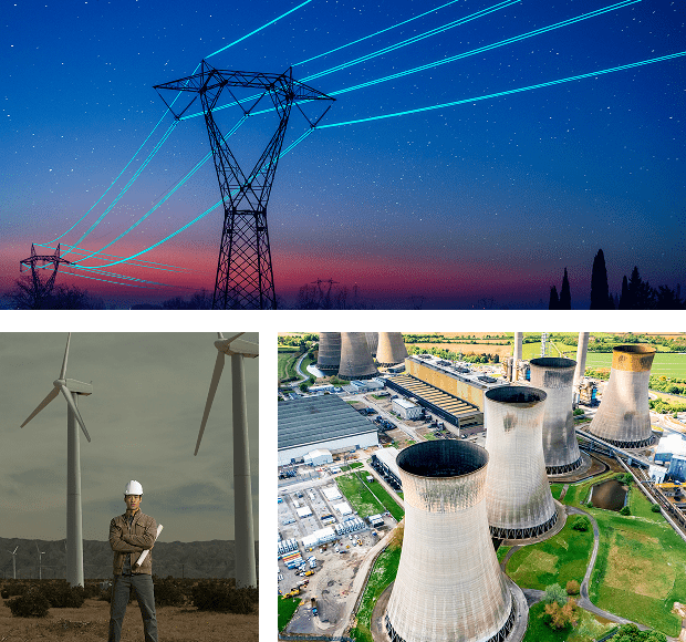 Power lines, wind turbines, and cooling towers.