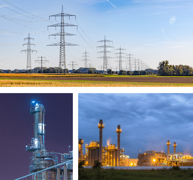 Power lines and industrial facilities at dusk.