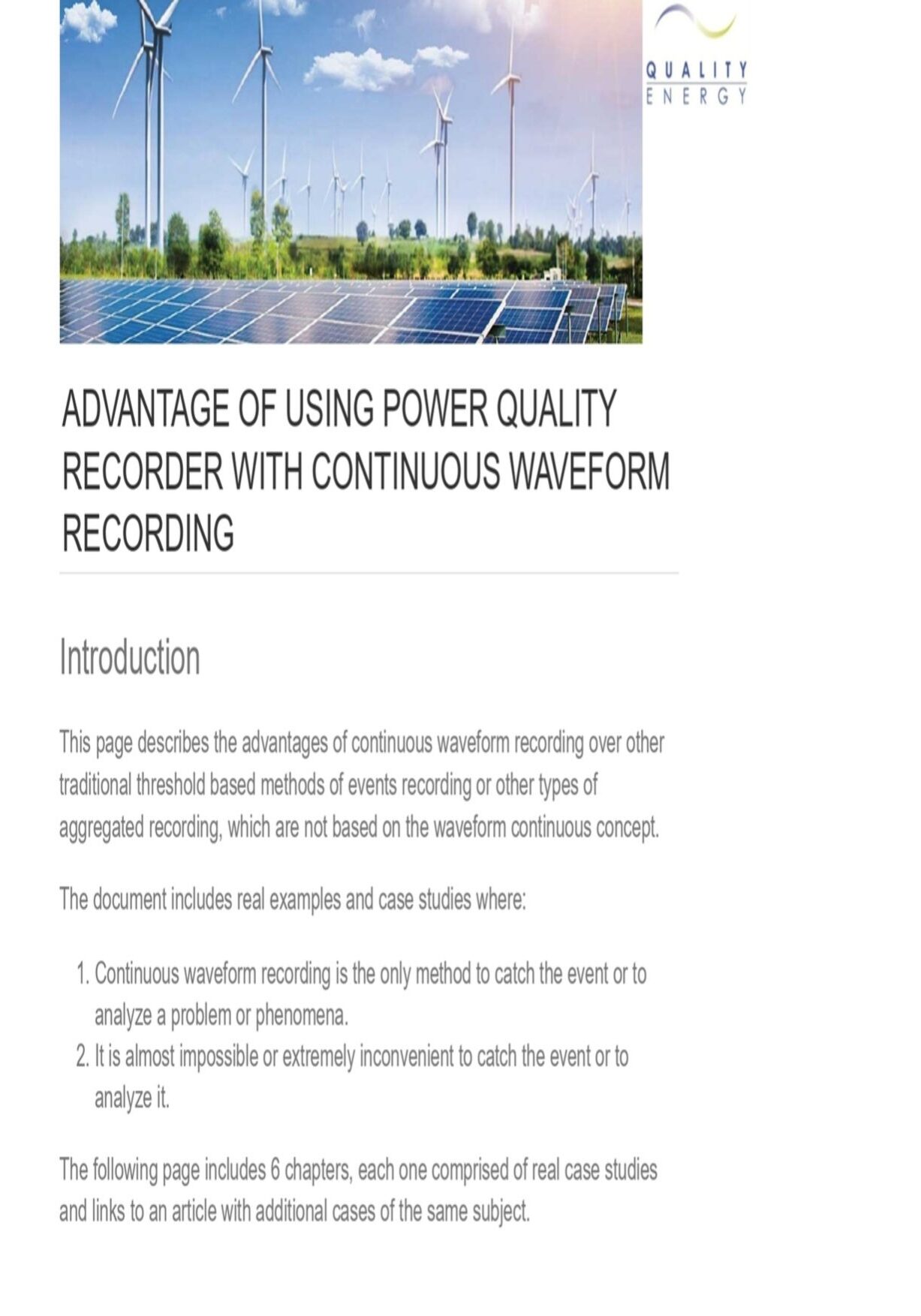Power quality recorder brochure featuring renewable energy